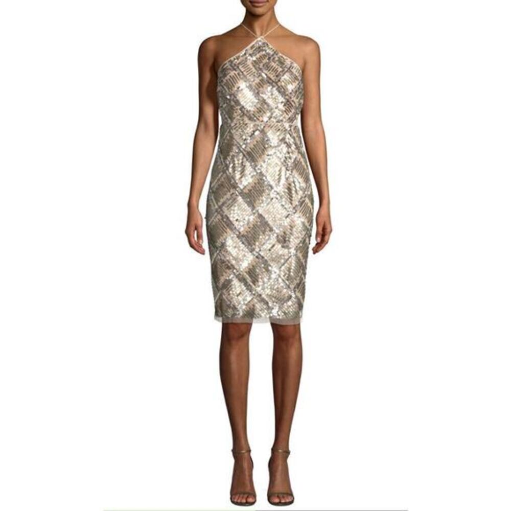 AIDAN MATTOX Grid Sequined Halter Cocktail Dress size‎ 8 NWT